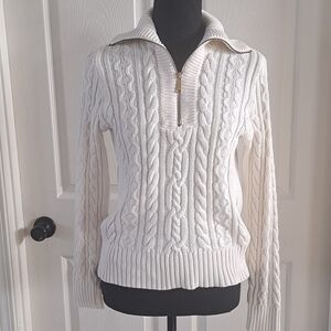 Ralph LAUREN Winter White 100% Cotton Cable Knit 1/4 Zip Classy Pullover Sweater
